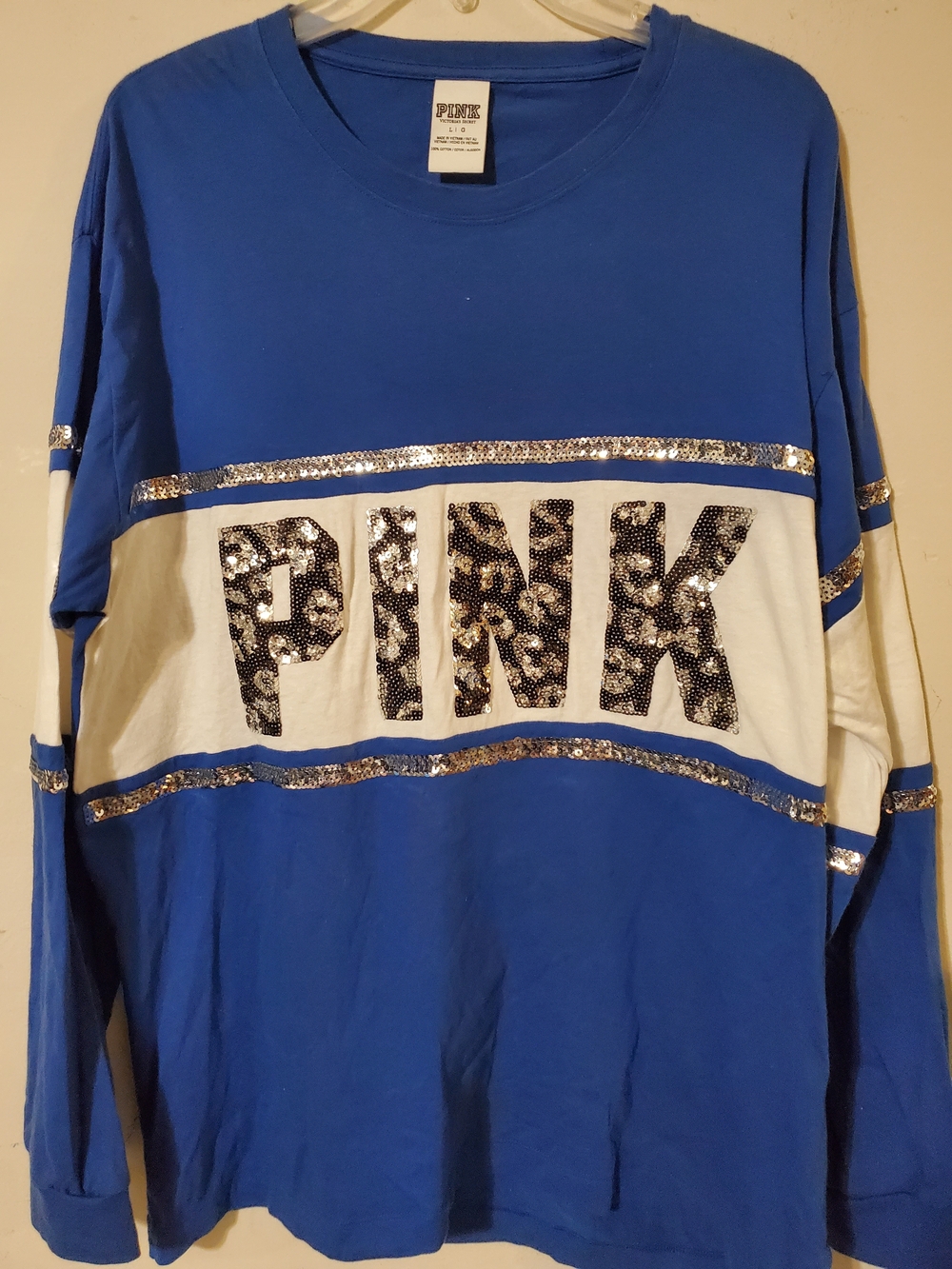 Y2k PINK Leopard Sequin Logo Colorblock Long Sleeve Tee - Blue & White
